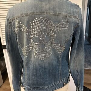 INC Denim jean jacket size small with Swarovski crystal skull detailing